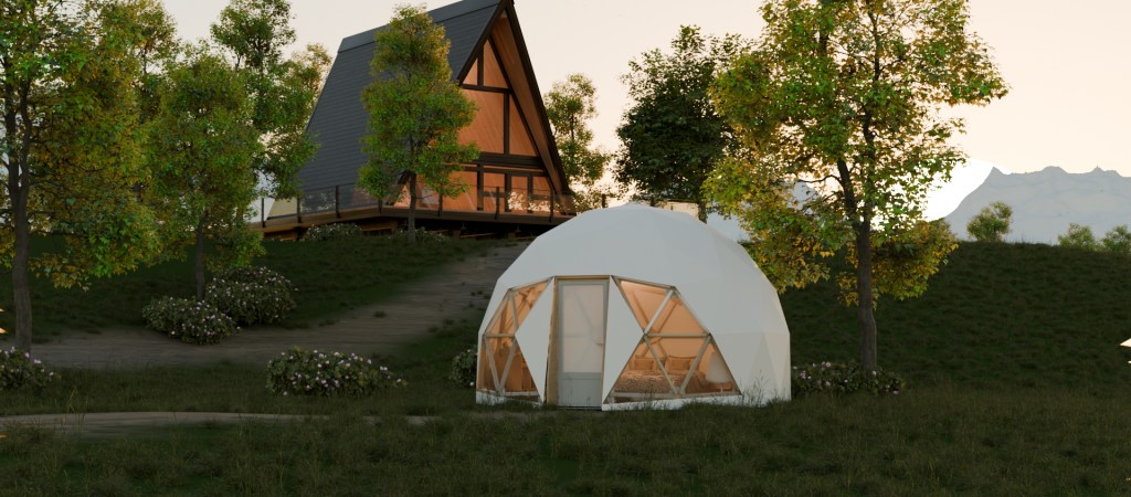 Ce dôme géodésique de 30m² en bois s'intègre parfaitement dans le paysage. Il est moderne et a une aura qui ne laisse pas indifférant.